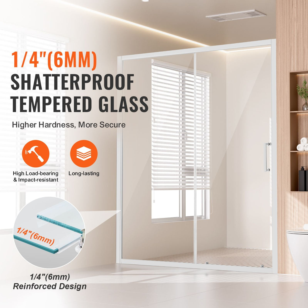 Semi-frameless Shower Door, 57.7-59 W x 70 H in, Shower Sliding Glass Door with 1/4 in(6mm) Clear Tempered Glass, Waterproof Shatterproof NANO Stainproof with Stainless Steel Hardware, Chrome