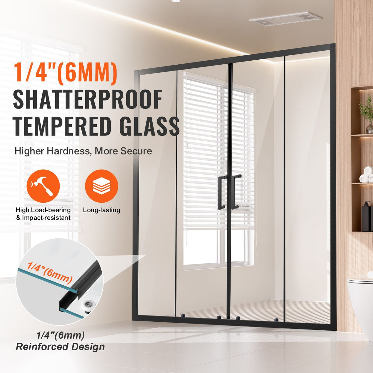 Semi-frameless Shower Door, 57.8-59 W x 70 H in, Double Sliding Glass Door with 1/4 in(6mm) Clear Tempered Glass, Waterproof Shatterproof Stainproof with Stainless Steel Hardware, Matte Black