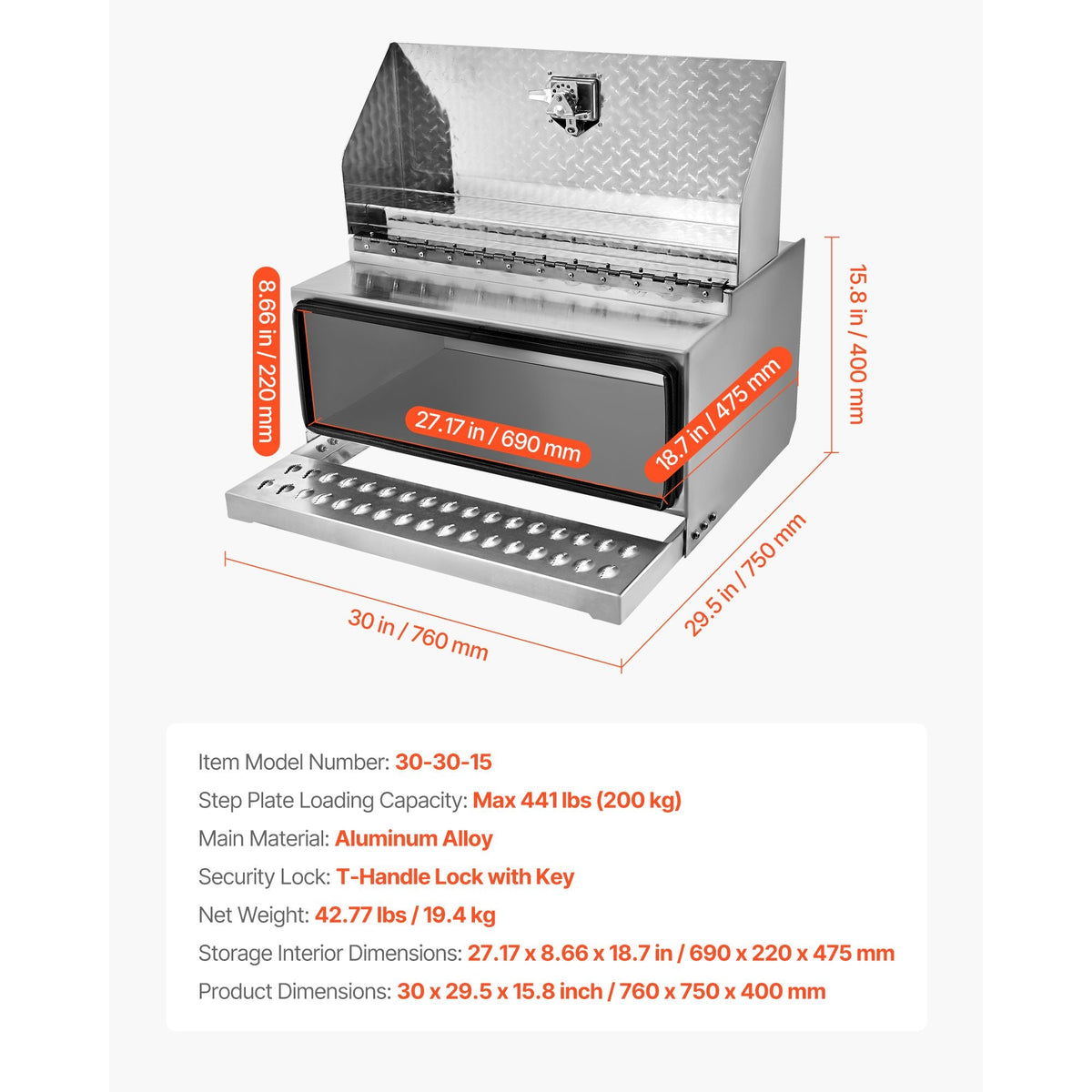 Semi-Truck Step Tool Box, 30" x 29.5" x 15.8" Heavy Duty Aluminum Diamond Plate Toolbox, Waterproof Cab Entry Step Storage Box with T-Handle Lock & Keys for Flatbed, Crane, and Semi Trucks