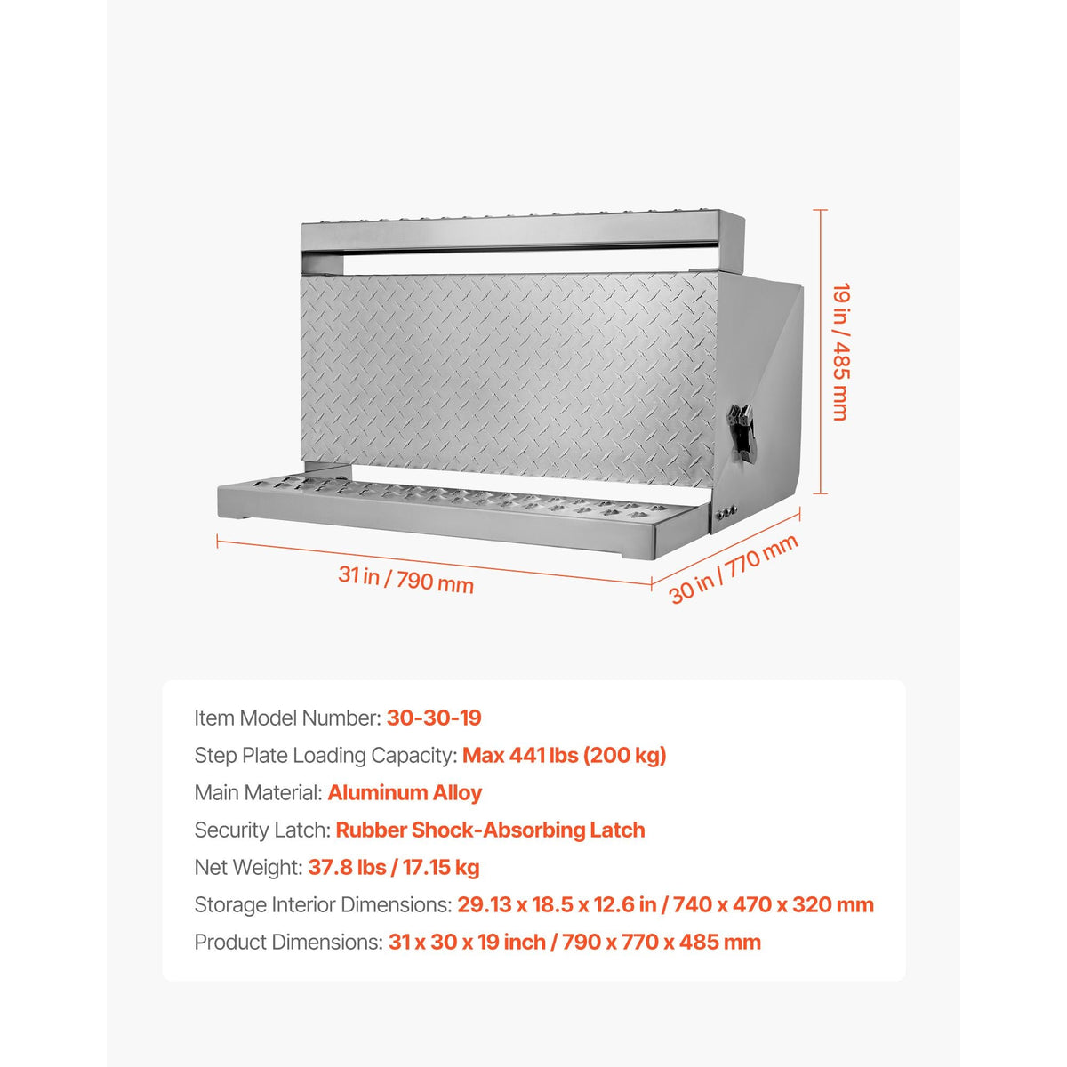Semi-Truck Step Tool Box, 31" x 30" x 19" Heavy Duty Aluminum Diamond Plate Toolbox, Waterproof Cab Entry Step Storage Box with Shock-Absorbing Latch for Flatbed, Crane, and Semi Trucks