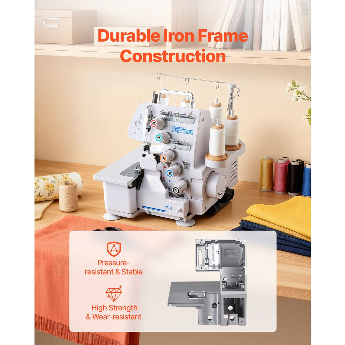 Serger Overlock Sewing Machine, 1250 Stitches Per Minute, 2-3-5 Thread Capability, with LED Light and Strong Suction Feet, Heavy-Duty Metal Frame Sewing Machine for Various Fabrics, White