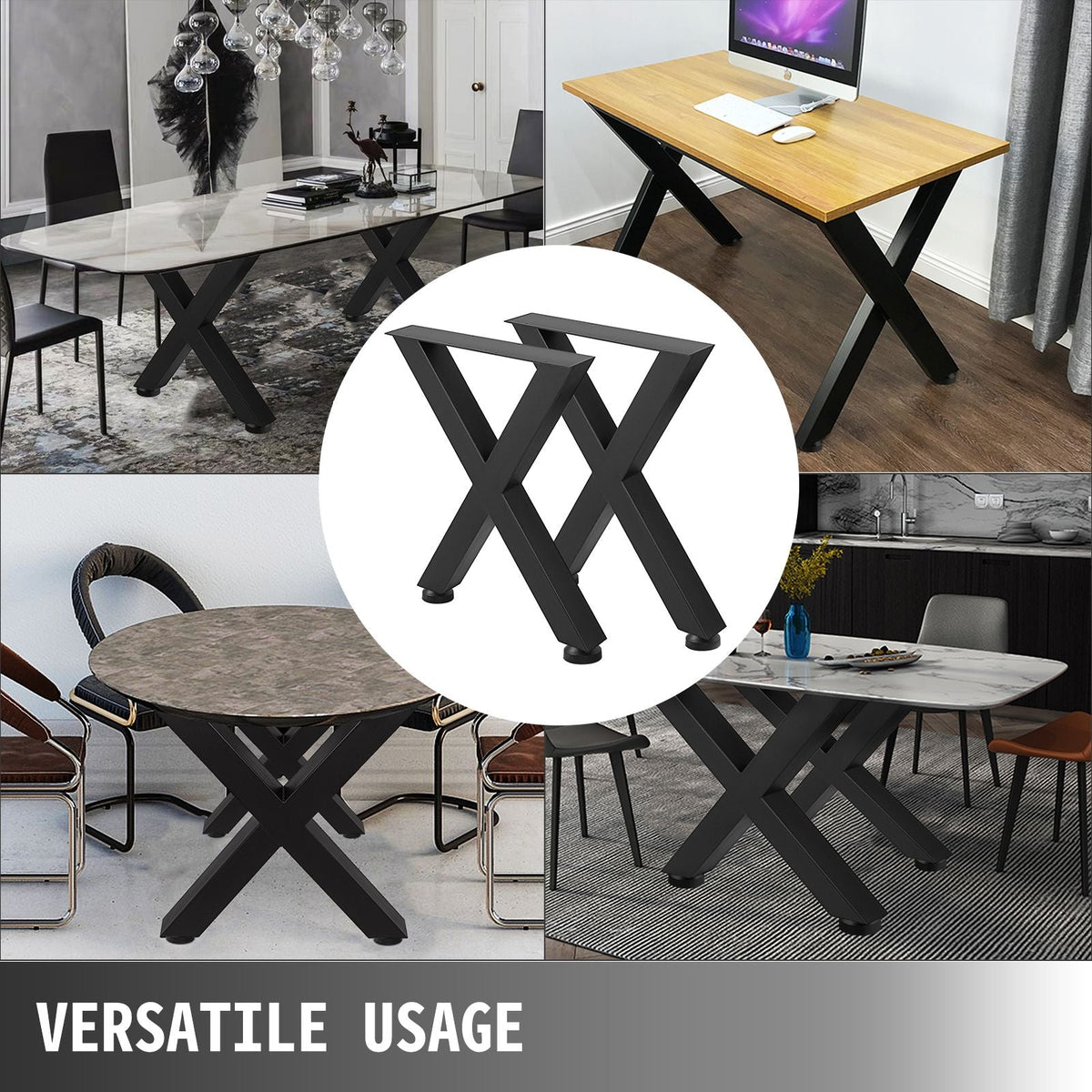 Set of 2 Steel Table Legs, 28\'\'Height 24\'\'Wide Dining Table Legs, Heavy Duty 3.1\" Square Box Section X Frame Table Legs, 28x24x3.1 Inch Black Color Industrial Country Style Metal Dining Leg
