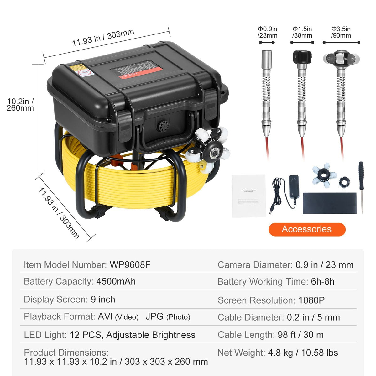 Sewer Camera, 98 ft/30m, Self-Leveling Drain Inspection Camera with 9" 1080P HD Screen, 36X Zoom, IP68 Waterproof Plumbing Camera with Lights-12 LED, 32GB Card Snake Camera for Duct Pipe
