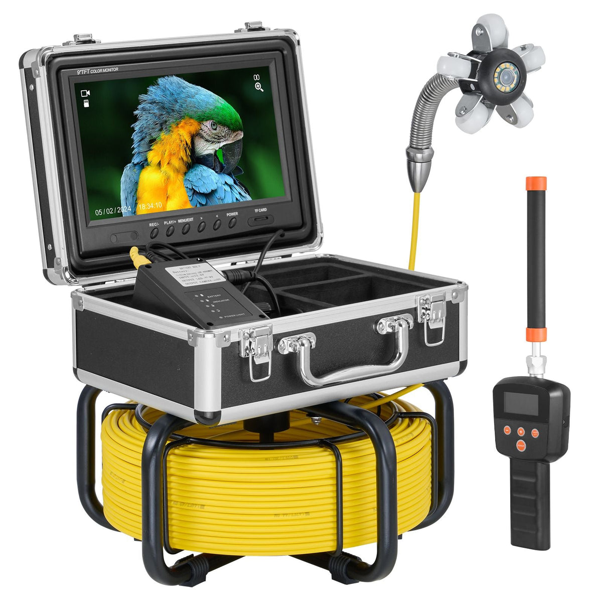 Sewer Camera with 512Hz Locator, 98 ft/30 m, Self-Leveling Drain Inspection Camera with 9" 1080P HD Screen, 36X Zoom, Snake Plumbing Camera with Lights-12 LED, 32GB SD Card for Duct Pipe