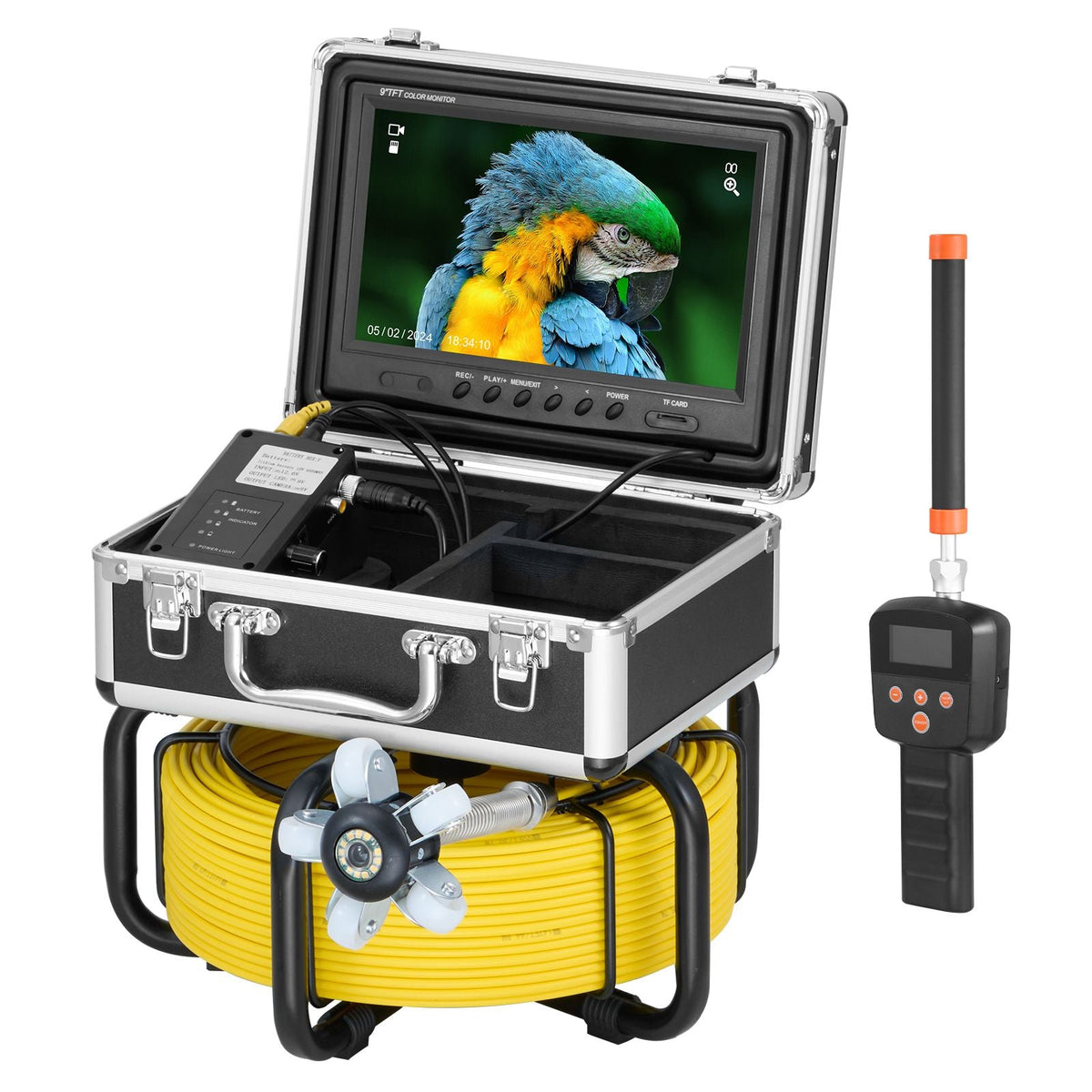 Sewer Camera with 512Hz Locator, 98 ft/30 m, Self-Leveling Drain Inspection Camera with 9" 1080P HD Screen, 36X Zoom, Snake Plumbing Camera with Lights-12 LED, 32GB SD Card for Duct Pipe