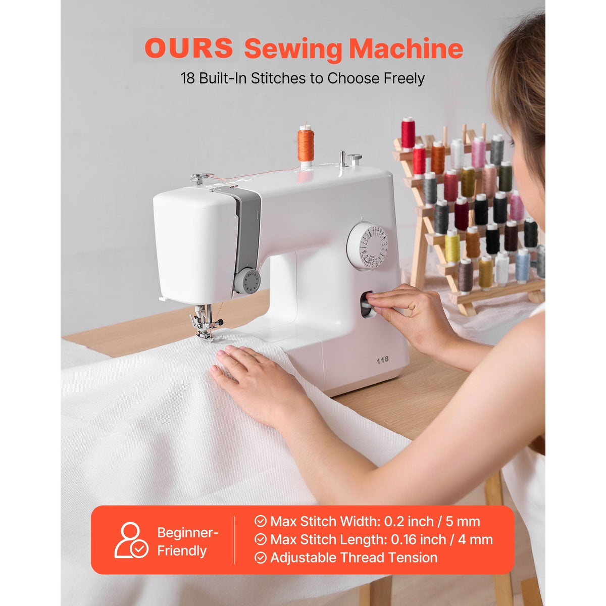 Sewing Machine, 18 Stitch Applications, with LED Light and Foot Pedal, Simple Dial Control, Interior Metal Frame, Lightweight and Portable Beginner Sewing Machine for Adults Crafts and Mending