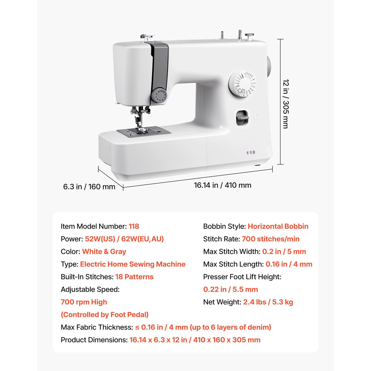 Sewing Machine, 18 Stitch Applications, with LED Light and Foot Pedal, Simple Dial Control, Interior Metal Frame, Lightweight and Portable Beginner Sewing Machine for Adults Crafts and Mending
