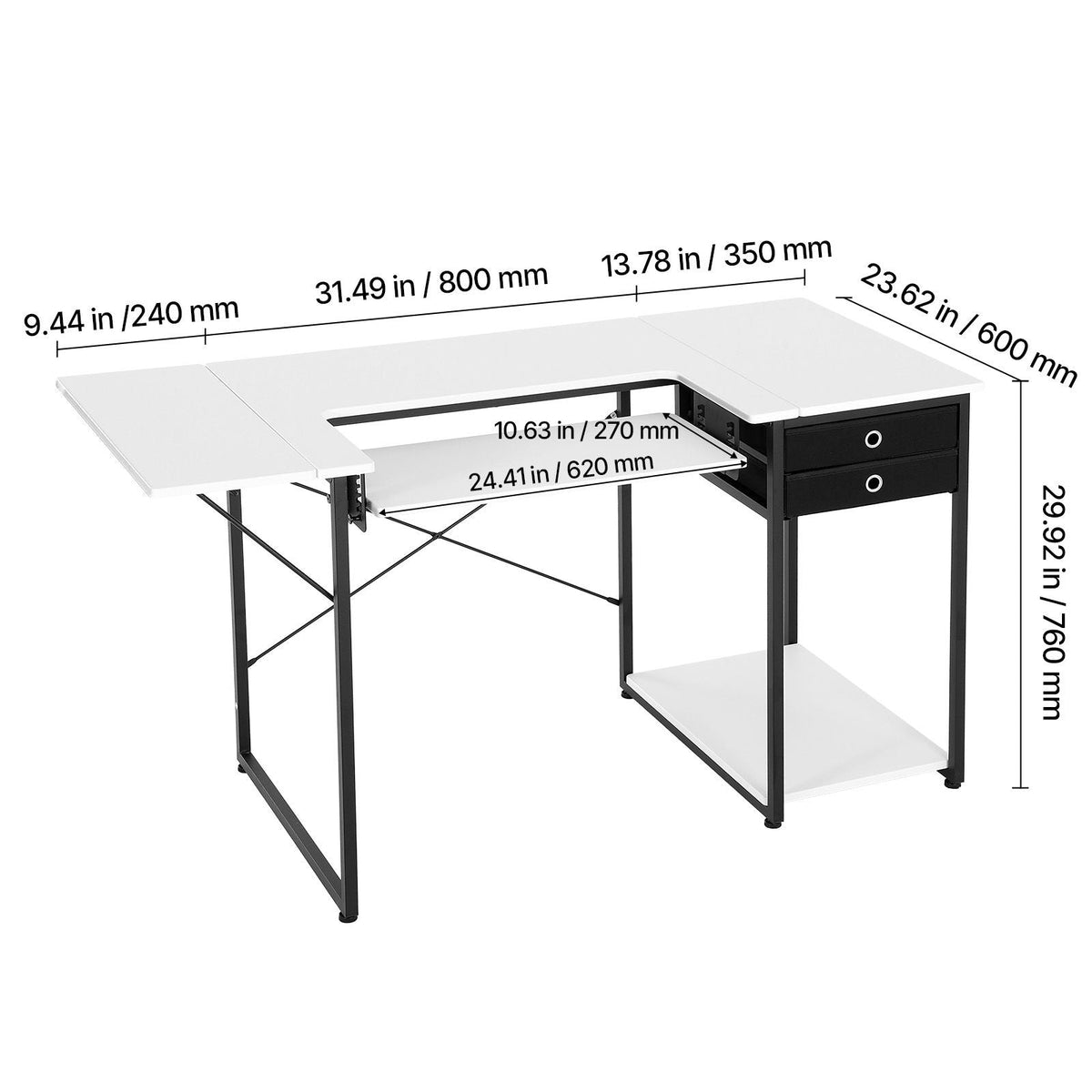 Sewing Table, Multipurpose Sewing Machine Table with Drawers, Foldable Side Shelf, Adjustable Shelf, Steel Legs, Computer Desk for Home, Fashion Studio, Art Studio, Educational Institution