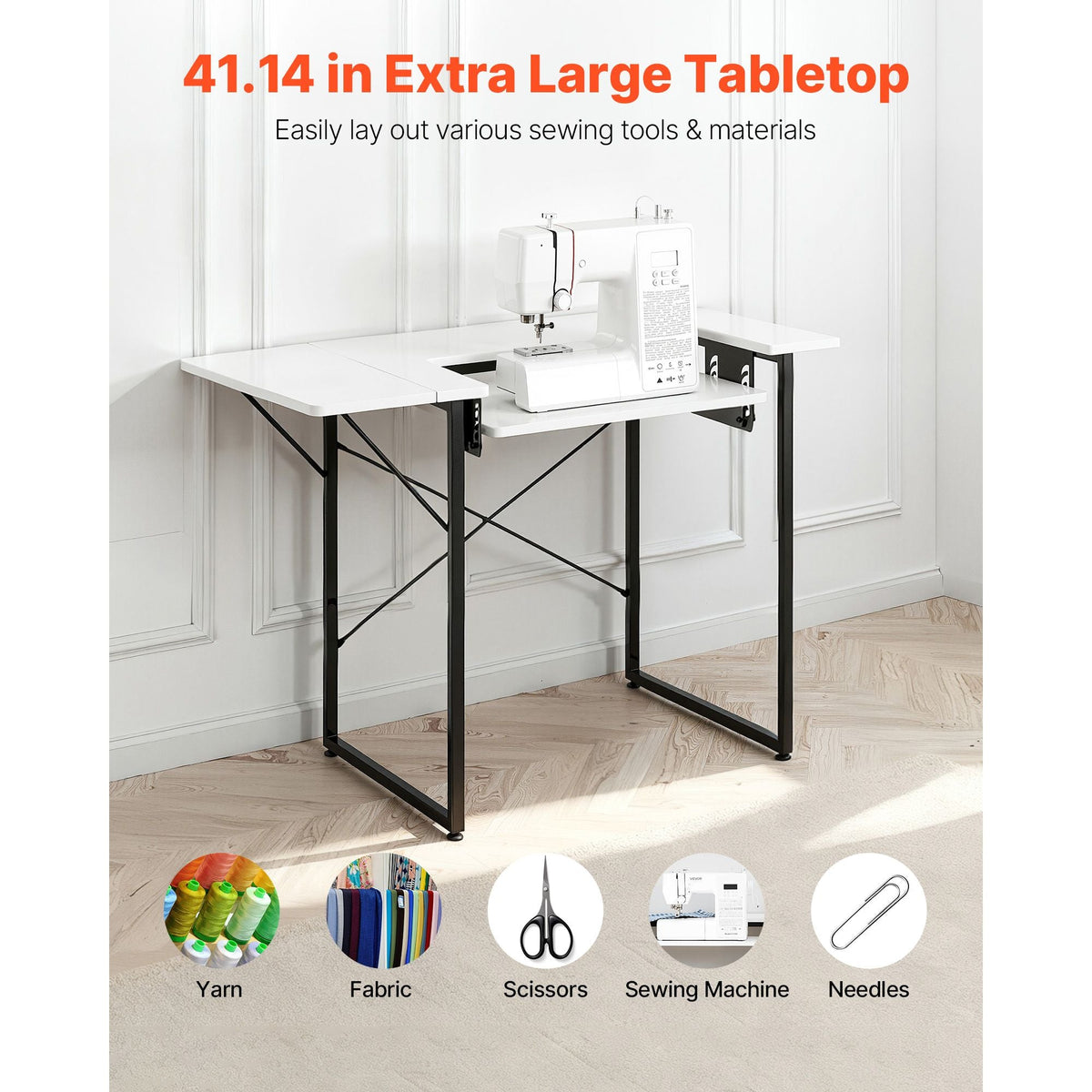 Sewing Table, Multipurpose Sewing Machine Table with Foldable Side Shelf, Adjustable Shelf, Steel Legs, Computer Desk for Home, Fashion Studio, Art Studio, Educational Institution, White