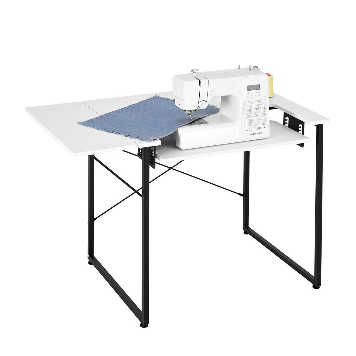 Sewing Table, Multipurpose Sewing Machine Table with Foldable Side Shelf, Adjustable Shelf, Steel Legs, Computer Desk for Home, Fashion Studio, Art Studio, Educational Institution, White