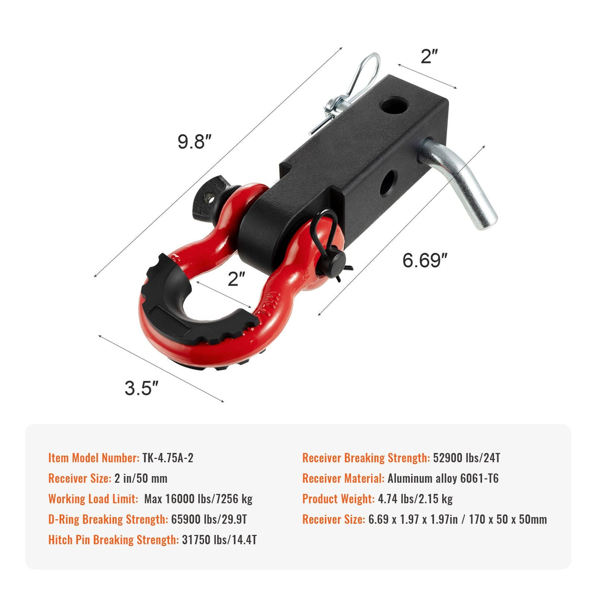 Shackle Hitch Receiver 2", 66000 lbs Breaking Strength, D Ring Shackle with Trailer Hitch Lock Pin, Heavy Duty Towing Accessories for Trucks, Jeeps, Off-Road Vehicle Recovery, Aluminum Alloy