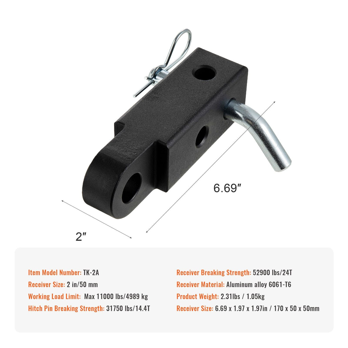 Shackle Hitch Receiver, Fits 2" Receivers, 52900 lbs Breaking Strength, Heavy Duty Towing Accessories with Trailer Hitch Lock Pin for Trucks, Jeeps, Off-Road Vehicle Recovery, Aluminum Alloy