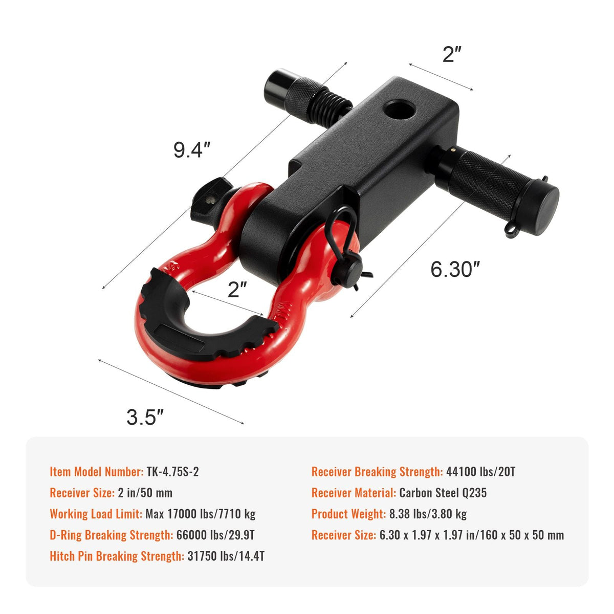 Shackle Hitch Receiver, Fits 2" Receivers, 66000 lbs Breaking Strength, D Ring Shackle with Trailer Hitch Lock Pin, Heavy Duty Towing Accessories for Trucks, Jeeps, Off-Road Vehicle Recovery