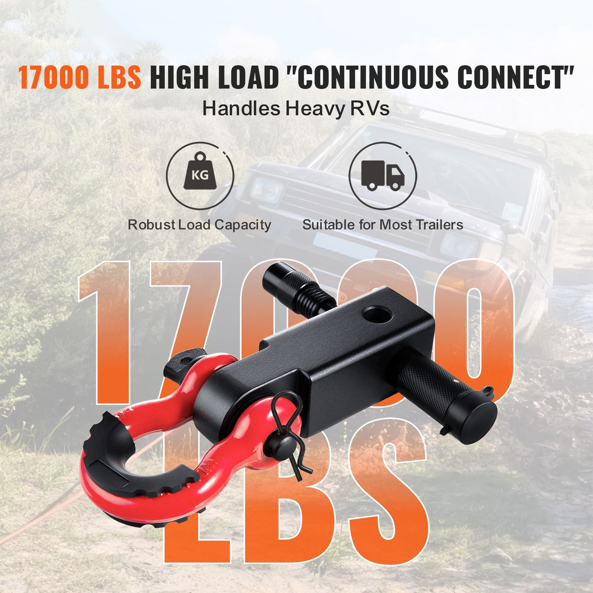 Shackle Hitch Receiver, Fits 2" Receivers, 66000 lbs Breaking Strength, D Ring Shackle with Trailer Hitch Lock Pin, Heavy Duty Towing Accessories for Trucks, Jeeps, Off-Road Vehicle Recovery