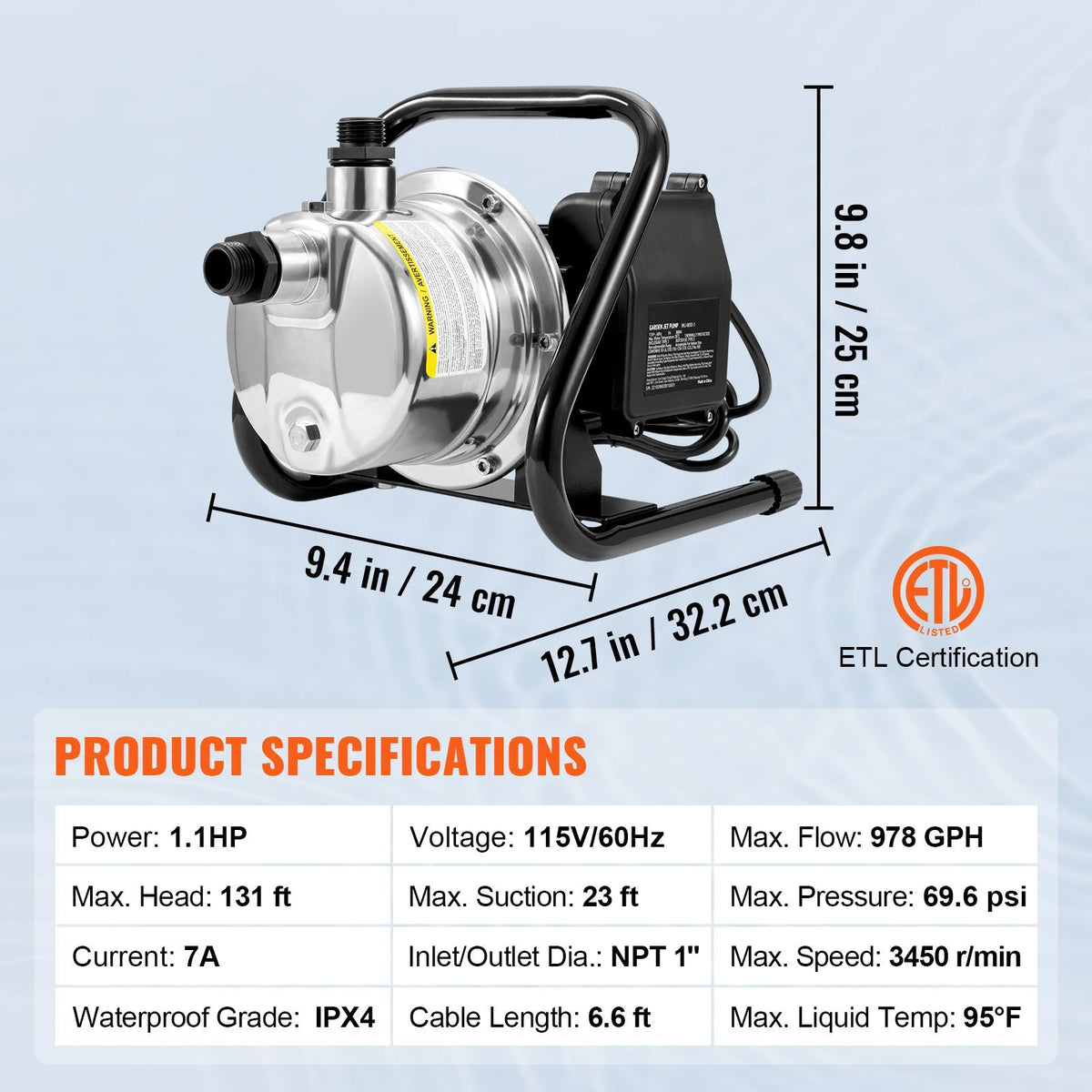 Shallow Well Pump, 1.1 HP 115V, 978 GPH 131 ft Height, 40psi Max Pressure, Portable Stainless Steel Sprinkler Booster Jet Pumps for Garden Lawn Irrigation system, Lake Fountain, Water Transfer