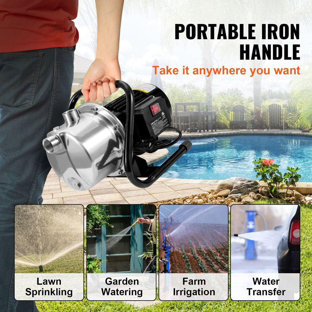 Shallow Well Pump, 1.5 HP 115V, 1200 GPH 164 ft Height, 87 psi Max Pressure, Portable Stainless Steel Sprinkler Booster Jet Pumps for Garden Lawn Irrigation system, Lake Fountain, Water Transfer