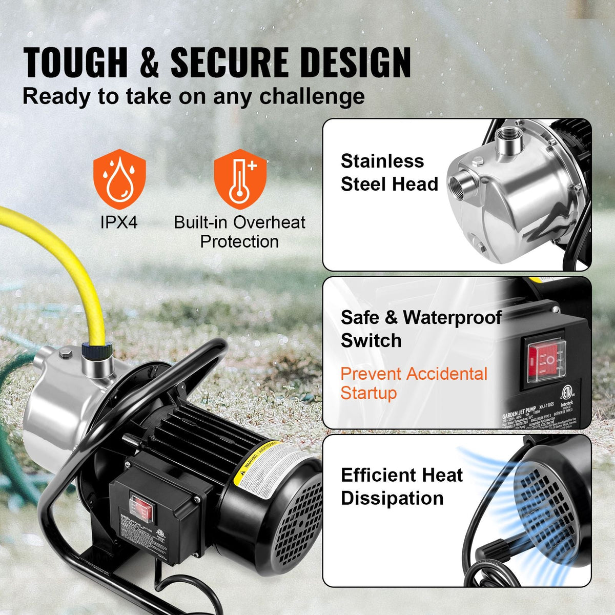 Shallow Well Pump, 1.5 HP 115V, 1200 GPH 164 ft Height, 87 psi Max Pressure, Portable Stainless Steel Sprinkler Booster Jet Pumps for Garden Lawn Irrigation system, Lake Fountain, Water Transfer