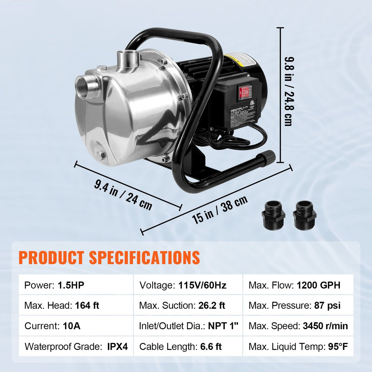Shallow Well Pump, 1.5 HP 115V, 1200 GPH 164 ft Height, 87 psi Max Pressure, Portable Stainless Steel Sprinkler Booster Jet Pumps for Garden Lawn Irrigation system, Lake Fountain, Water Transfer