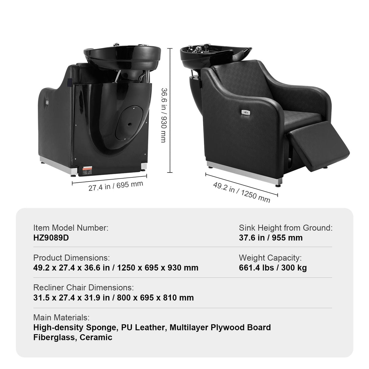 Shampoo Backwash Chair, 661.4LBS Loading Barbershop Hair Washing Station with Electric Adjustable Footrest & Ceramic Bowl, Backwash Salon Shampoo Chair, Beauty Spa Hairdressing Massage Equipment