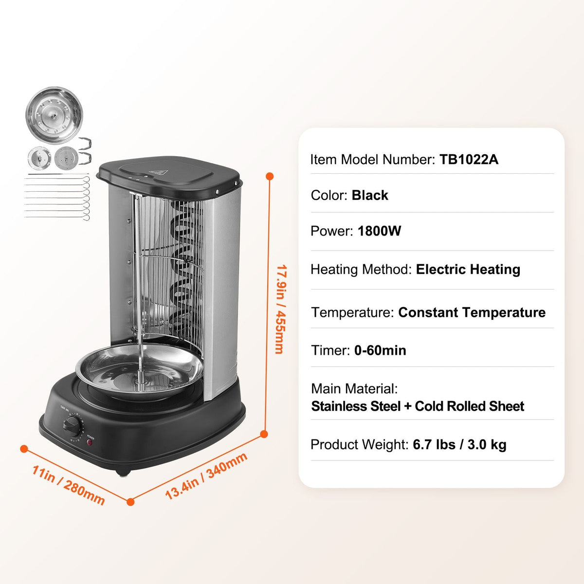 Shawarma Grill Machine, Vertical Chicken Shawarma Cooker Machine Countertop, Electric Stainless Steel Broiler Gyro Rotisserie Oven Doner Kebab Machine, for Home Restaurant Kitchen Parties