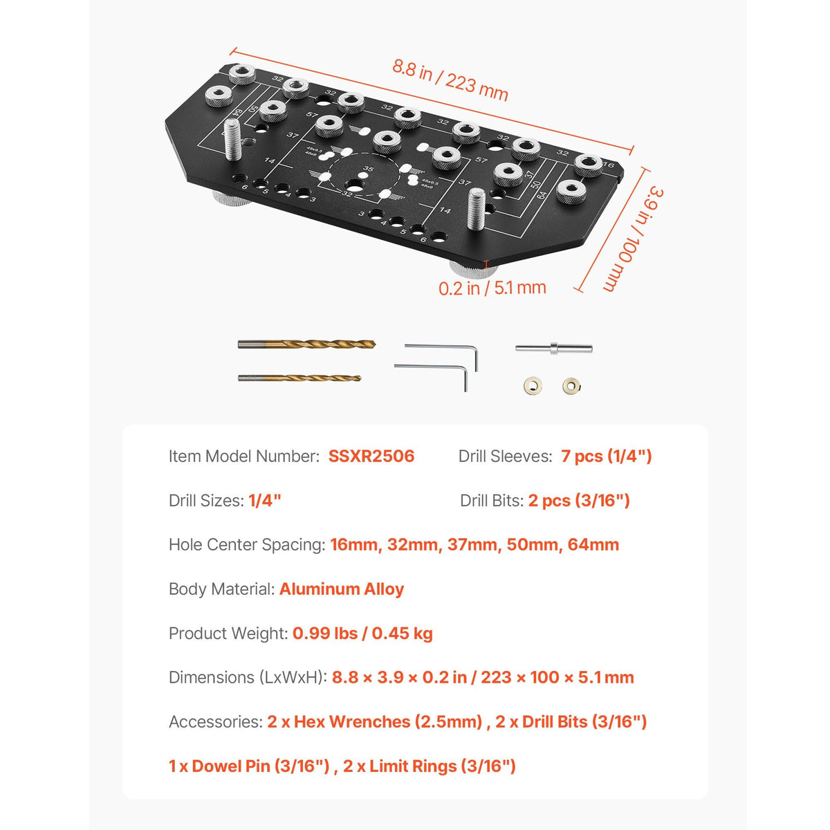 Shelf Pin Jig and Hinge Jig Two-in-One, Aluminum Alloy Cabinet Hardware Hole Drilling Template with 1/4" and 3/16" Drill Bits, for Cabinet Doors Bookshelves Wardrobes Woodworking and DIY