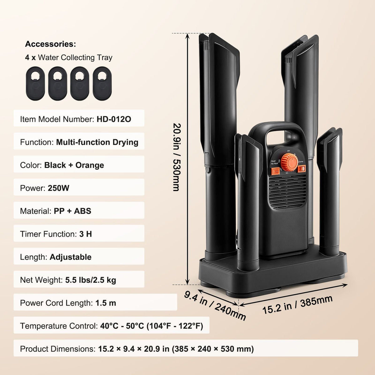 Shoe Dryer with Timer, Detachable 4 Tubes Boot Dryers with V0-Rated Fire-Retardant Materials, Quick Drying for Work Boots, Sneakers, Gloves, Helmets, Black & Orange