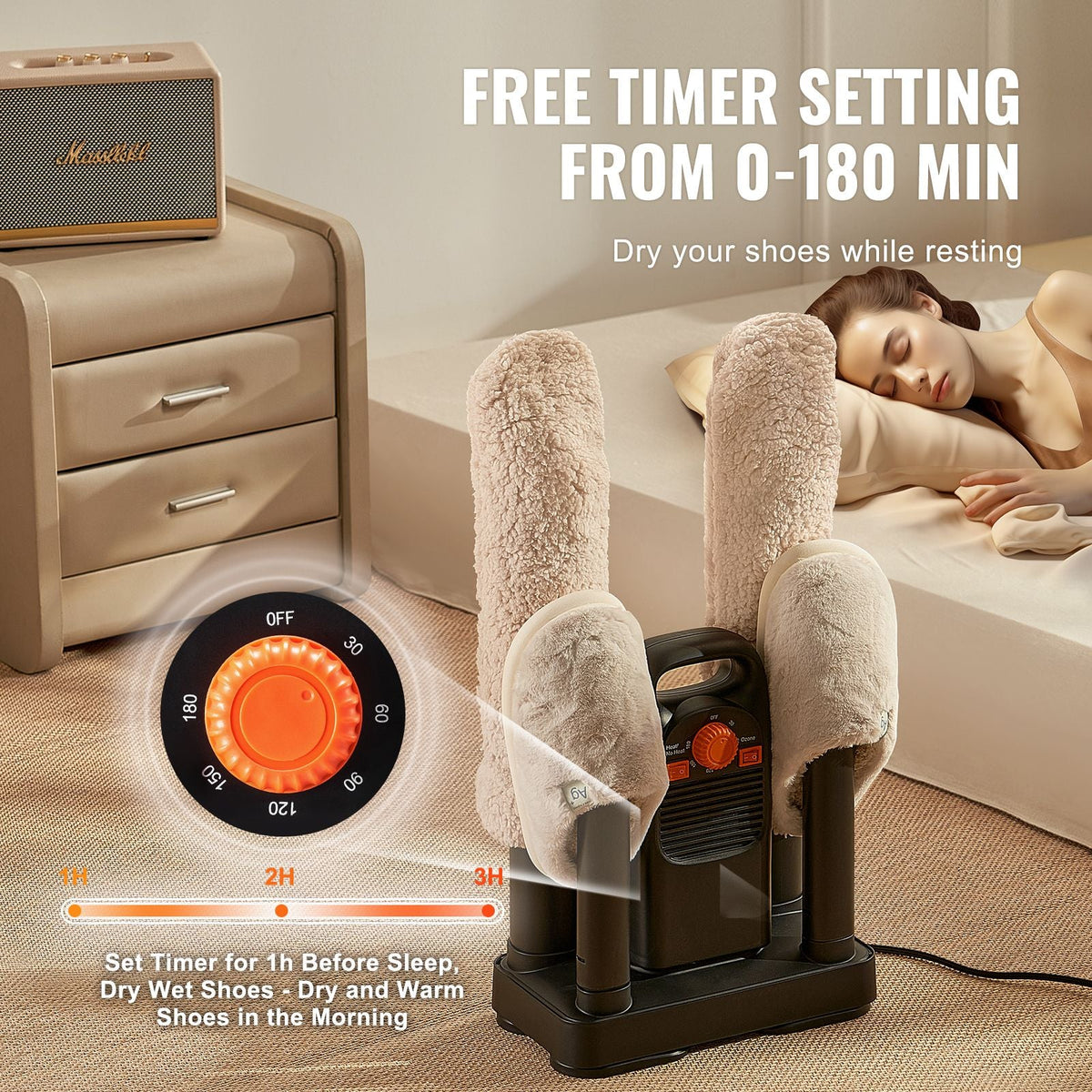 Shoe Dryer with Timer, Detachable 4 Tubes Boot Dryers with V0-Rated Fire-Retardant Materials, Quick Drying for Work Boots, Sneakers, Gloves, Helmets, Black & Orange