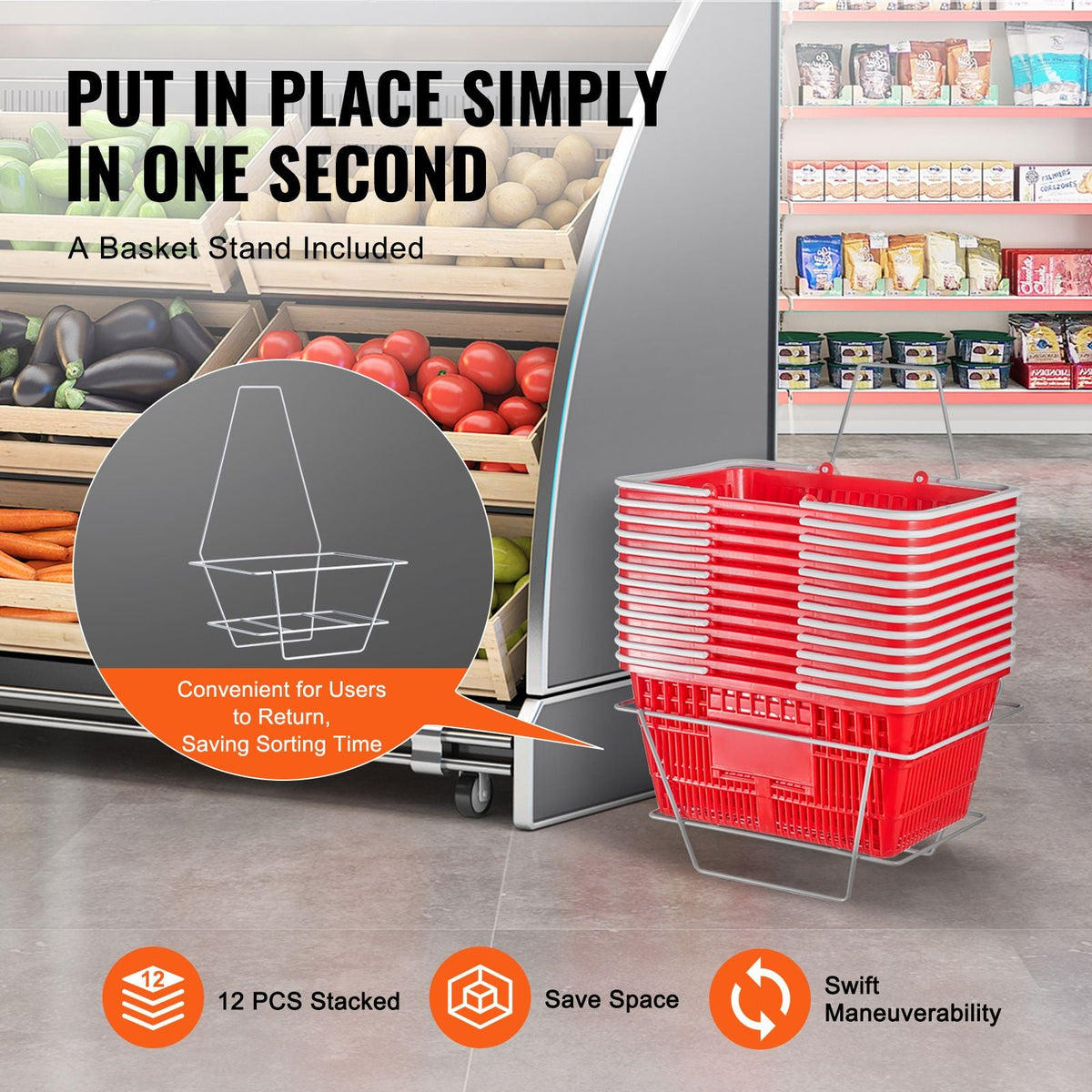Shopping Basket, Set of 12, 21L Durable Plastic Grocery Basket with Handle and Stand, 16.5 x 11.8 x 8.27 inch Portable Shop Basket Bulk Used for Retail Store Supermarket Grocery Shopping, Red