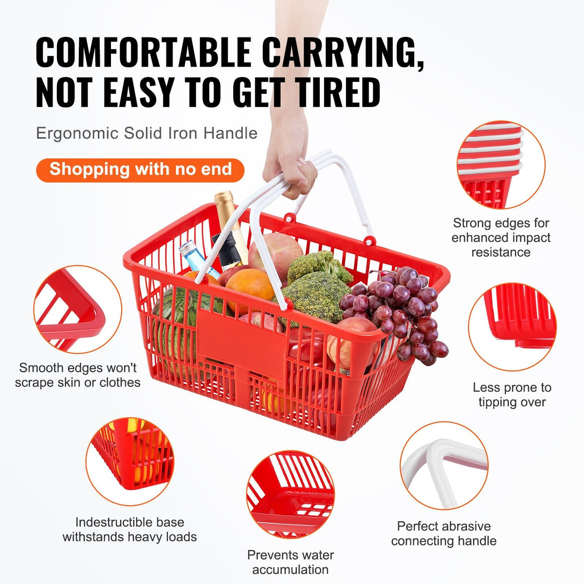 Shopping Basket, Set of 12, 21L Durable Plastic Grocery Basket with Handle and Stand, 16.5 x 11.8 x 8.27 inch Portable Shop Basket Bulk Used for Retail Store Supermarket Grocery Shopping, Red
