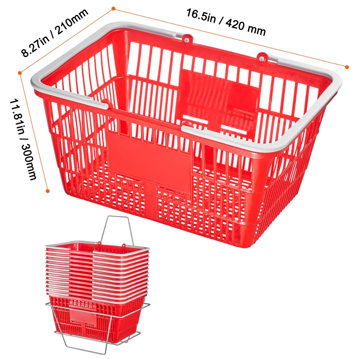 Shopping Basket, Set of 12, 21L Durable Plastic Grocery Basket with Handle and Stand, 16.5 x 11.8 x 8.27 inch Portable Shop Basket Bulk Used for Retail Store Supermarket Grocery Shopping, Red