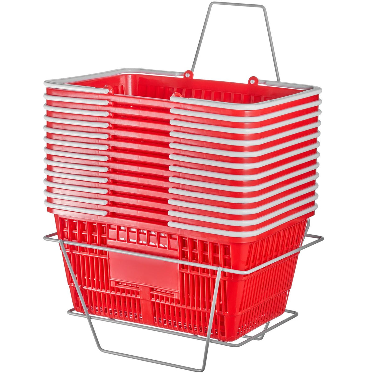 Shopping Basket, Set of 12, 21L Durable Plastic Grocery Basket with Handle and Stand, 16.5 x 11.8 x 8.27 inch Portable Shop Basket Bulk Used for Retail Store Supermarket Grocery Shopping, Red