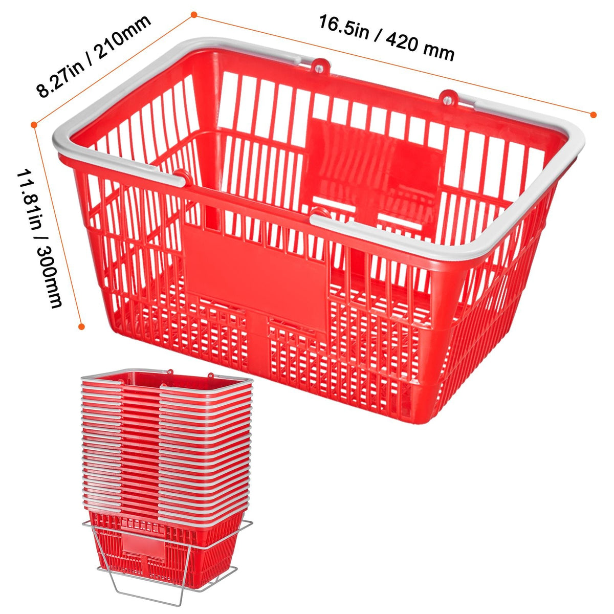 Shopping Basket, Set of 20, 21L Durable Plastic Grocery Basket with Handle and Stand, 16.5 x 11.8 x 8.27 inch Portable Shop Basket Bulk Used for Retail Store Supermarket Grocery Shopping, Red