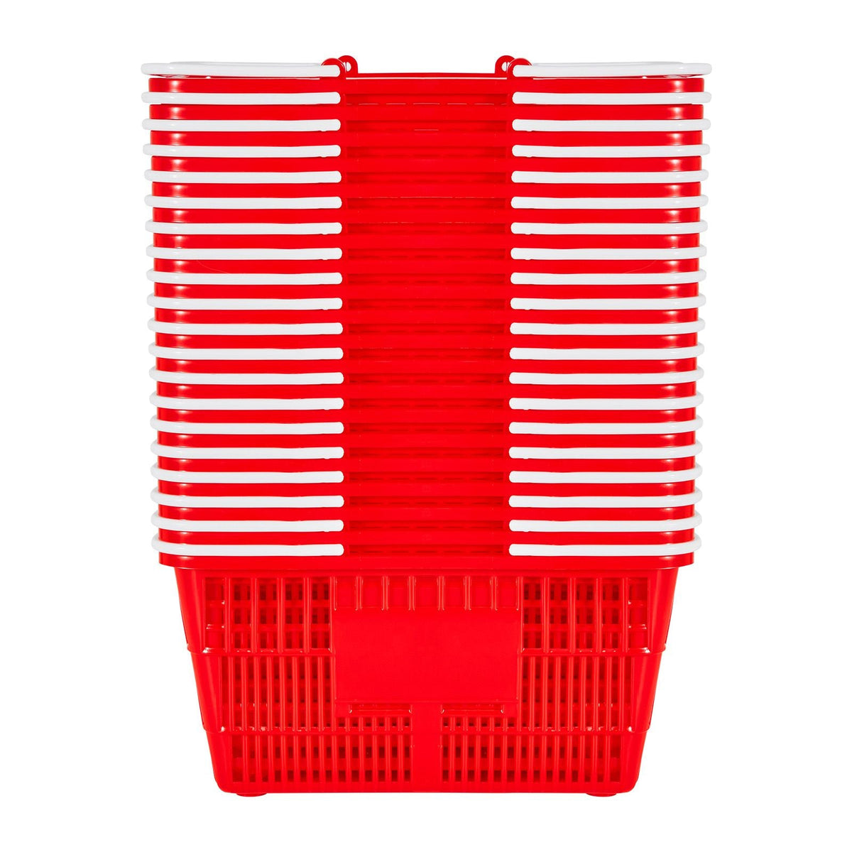 Shopping Baskets, 20 PCS, 21L Stackable PE Plastic Grocery Baskets with Handles, Dense Mesh Structure, Holds up to 20 lbs, Portable for Grocery, Retail, Stores, Supermarket, Home Use, Red
