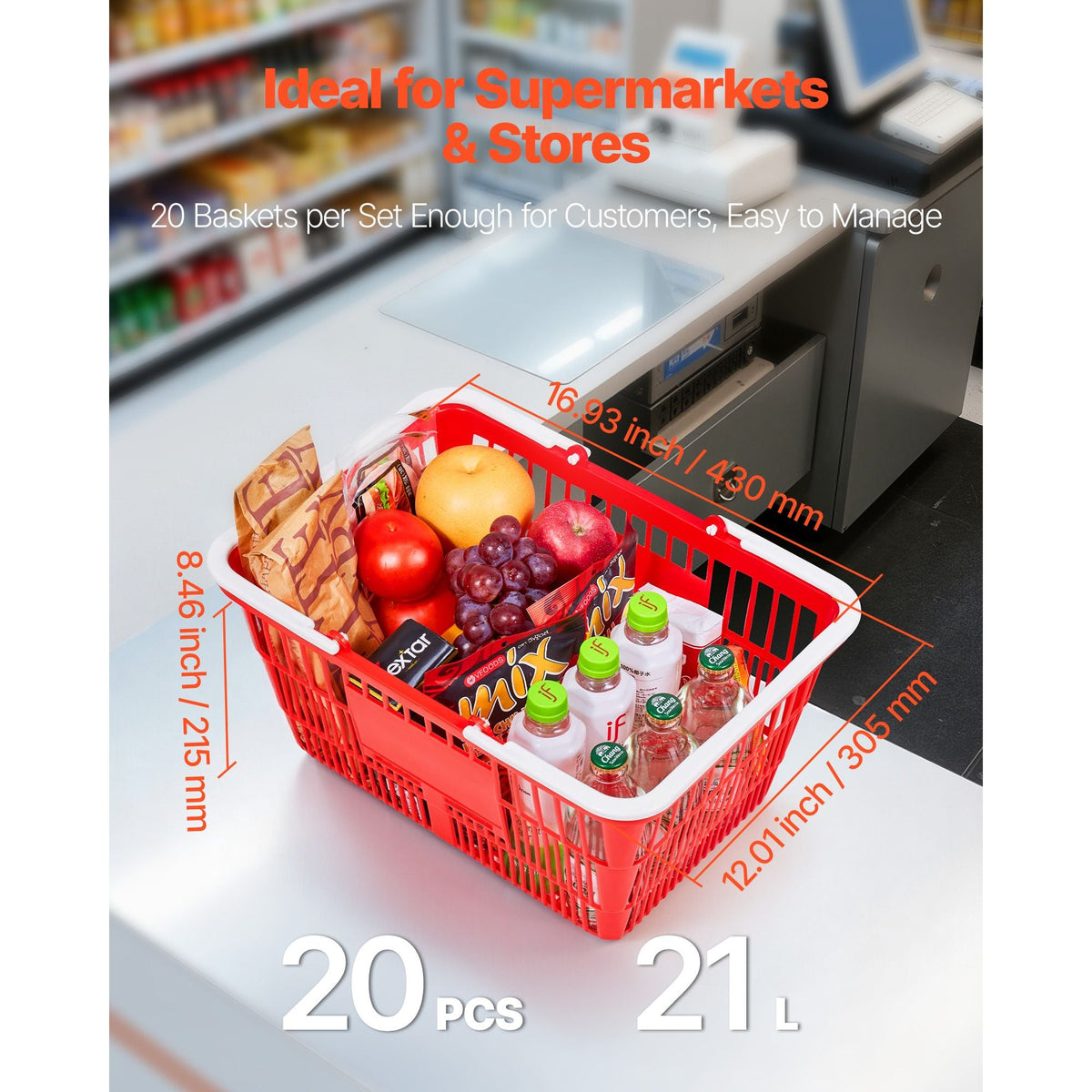 Shopping Baskets, 20 PCS, 21L Stackable PE Plastic Grocery Baskets with Handles, Dense Mesh Structure, Holds up to 20 lbs, Portable for Grocery, Retail, Stores, Supermarket, Home Use, Red
