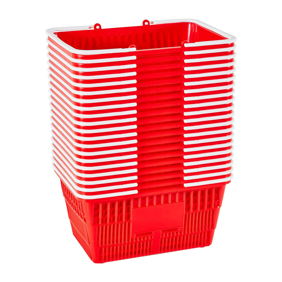 Shopping Baskets, 20 PCS, 21L Stackable PE Plastic Grocery Baskets with Handles, Dense Mesh Structure, Holds up to 20 lbs, Portable for Grocery, Retail, Stores, Supermarket, Home Use, Red