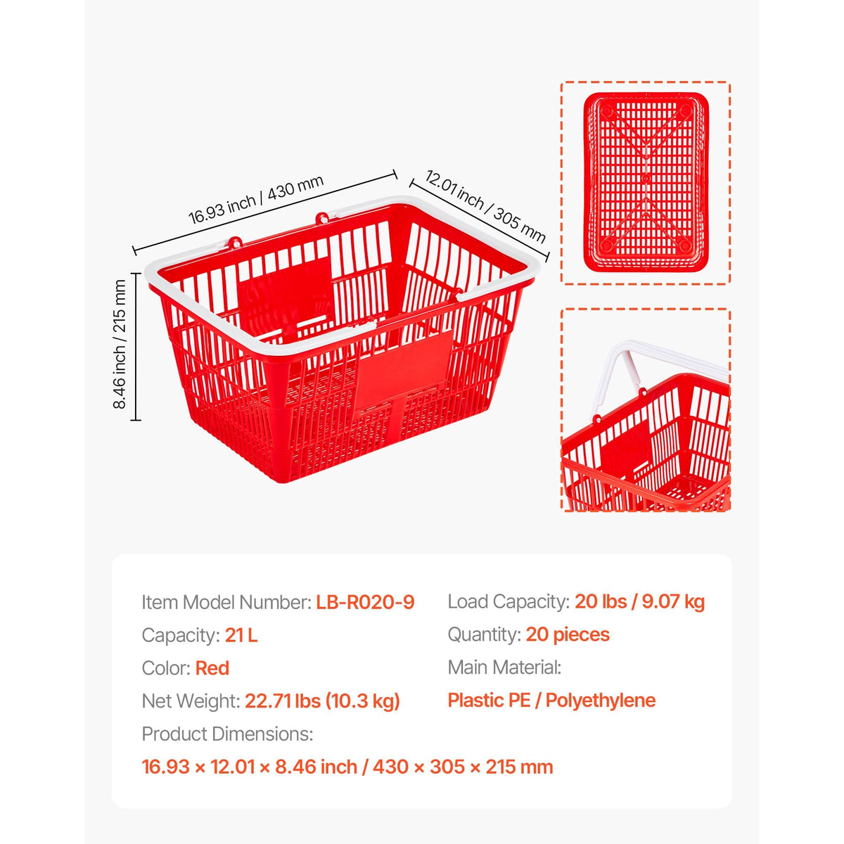 Shopping Baskets, 20 PCS, 21L Stackable PE Plastic Grocery Baskets with Handles, Dense Mesh Structure, Holds up to 20 lbs, Portable for Grocery, Retail, Stores, Supermarket, Home Use, Red