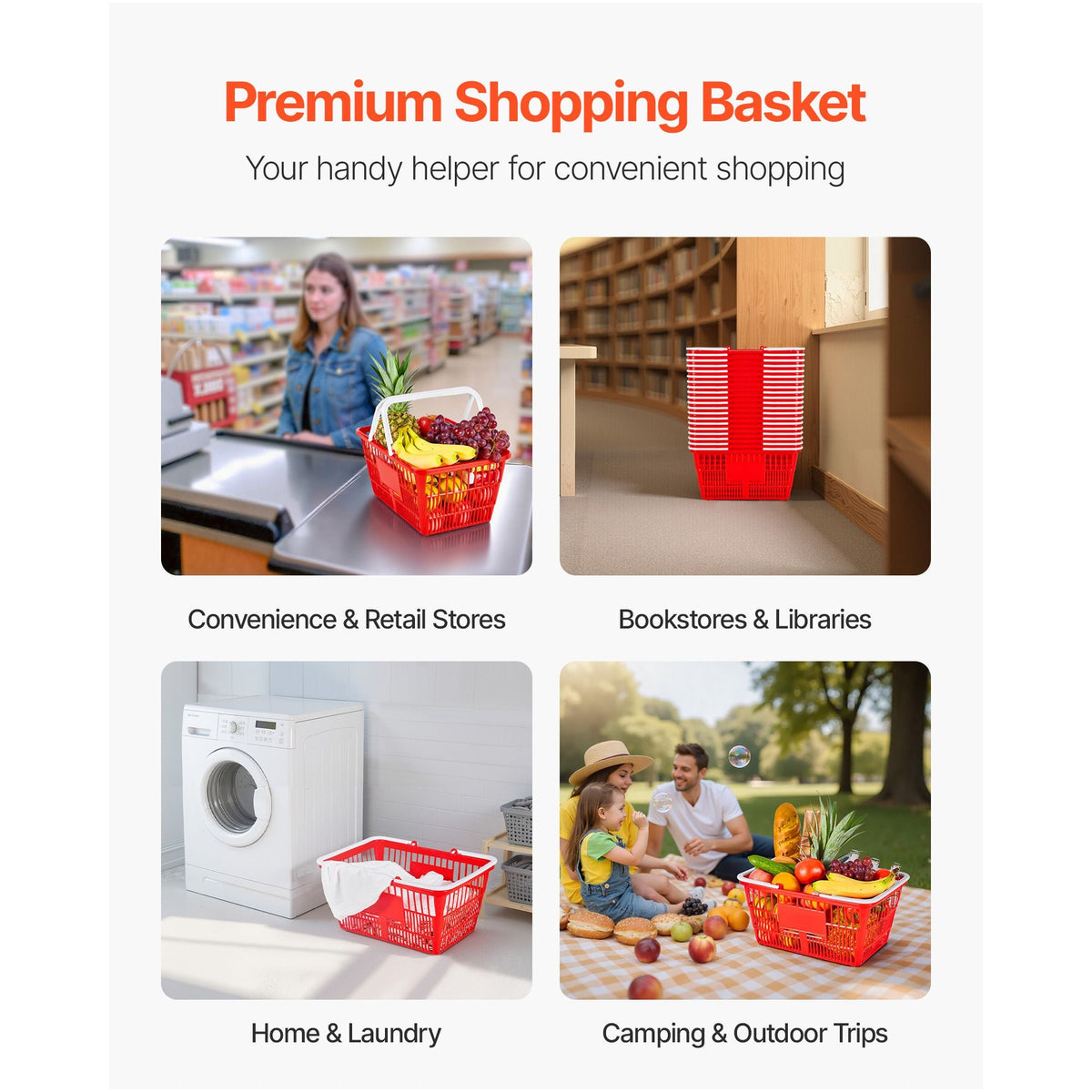 Shopping Baskets, 20 PCS, 21L Stackable PE Plastic Grocery Baskets with Handles, Dense Mesh Structure, Holds up to 20 lbs, Portable for Grocery, Retail, Stores, Supermarket, Home Use, Red
