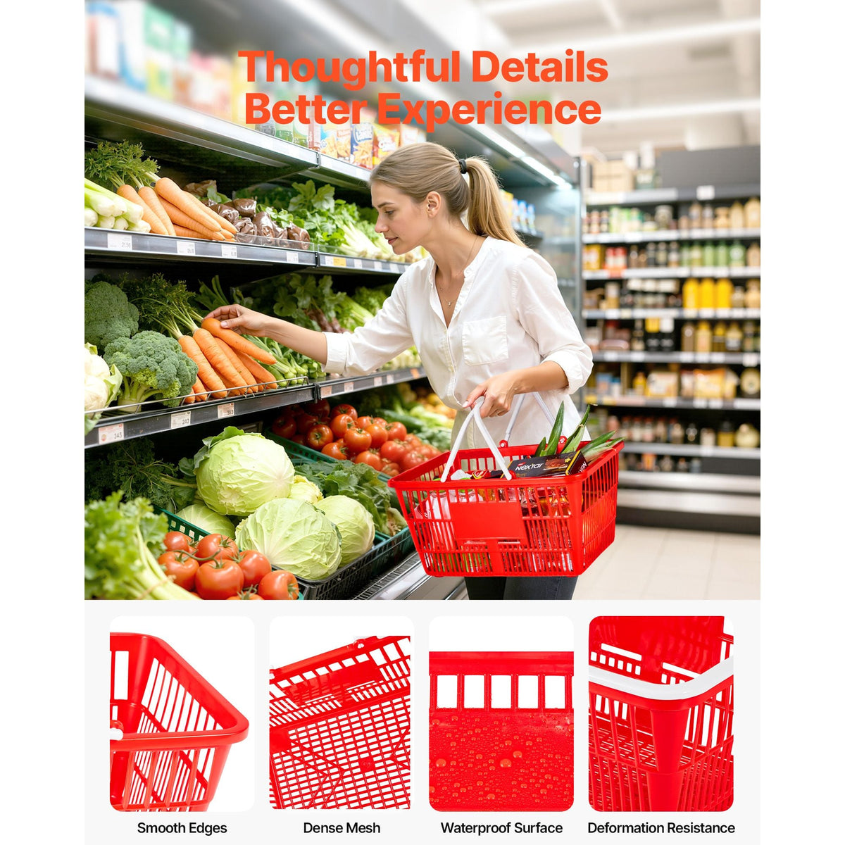 Shopping Baskets, 20 PCS, 21L Stackable PE Plastic Grocery Baskets with Handles, Dense Mesh Structure, Holds up to 20 lbs, Portable for Grocery, Retail, Stores, Supermarket, Home Use, Red