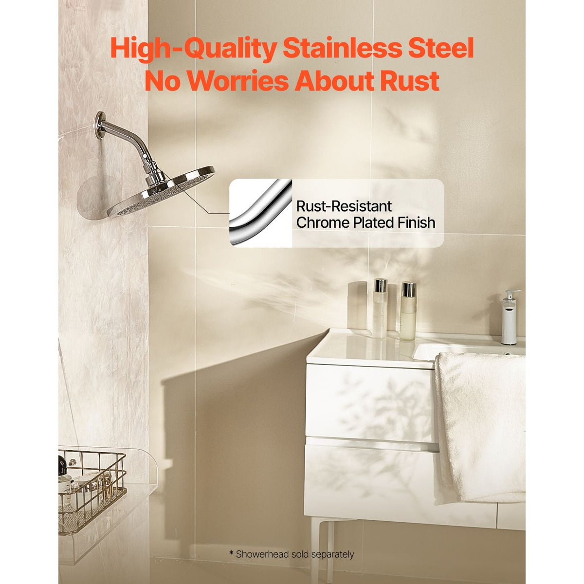 Shower Arm with Flange, 6 Inches, Wall Mounted Stainless Steel Shower Head Arm Extender, Chrome Finish, PTFE Tape, G1/2 Universal Thread Connector Compatible, for Fixed & Handheld Showerhead