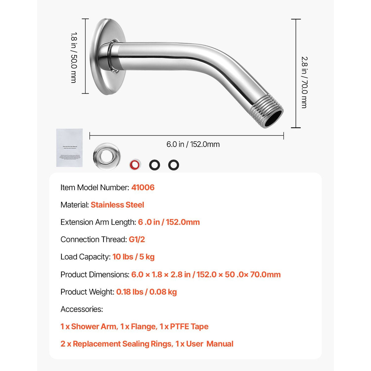 Shower Arm with Flange, 6 Inches, Wall Mounted Stainless Steel Shower Head Arm Extender, Chrome Finish, PTFE Tape, G1/2 Universal Thread Connector Compatible, for Fixed & Handheld Showerhead