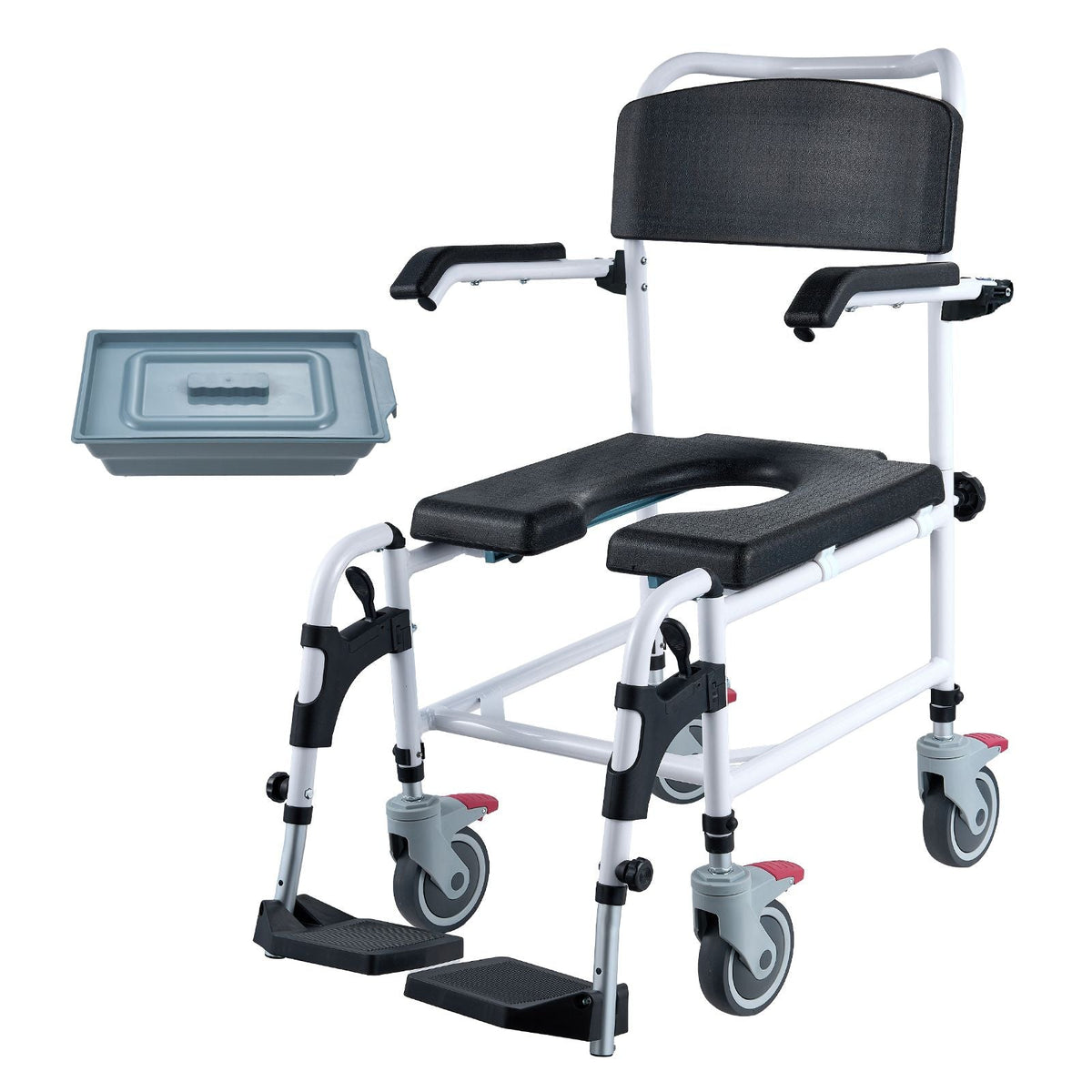 Shower Commode Wheelchair with 4 Lockable Wheels, Footrests, Flip-up Arms, 3-Level Adjustable Height, 5L Removable Bucket, 350 LBS Capacity, Commode Chair for Adults Seniors