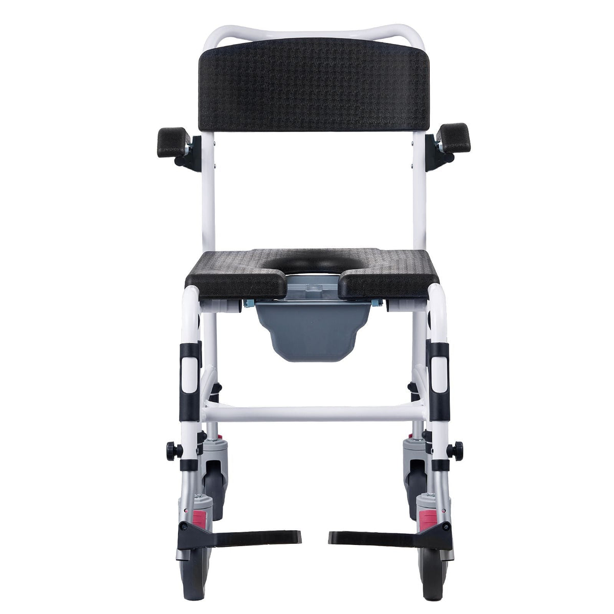Shower Commode Wheelchair with 4 Lockable Wheels, Footrests, Flip-up Arms, 3-Level Adjustable Height, 5L Removable Bucket, 350 LBS Capacity, Commode Chair for Adults Seniors