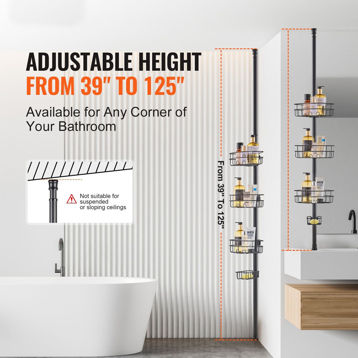 Shower Corner Caddy Tension Pole, 39" to 125" High, Multi-Functional Shower Tension Pole with Strong Load-Bearing Tray, Rust-Proof Easy-to-Install Tension Pole, Fit for Bathroom & Washroom