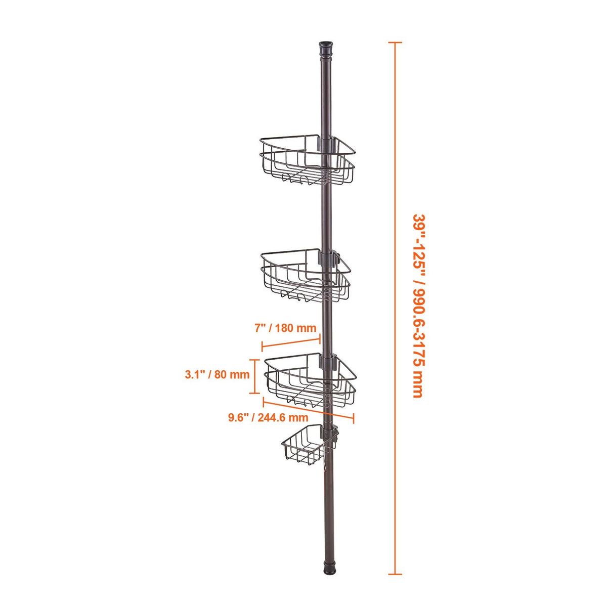 Shower Corner Caddy Tension Pole, 39" to 125" High, Multi-Functional Shower Tension Pole with Strong Load-Bearing Tray, Rust-Proof Easy-to-Install Tension Pole, Fit for Bathroom & Washroom