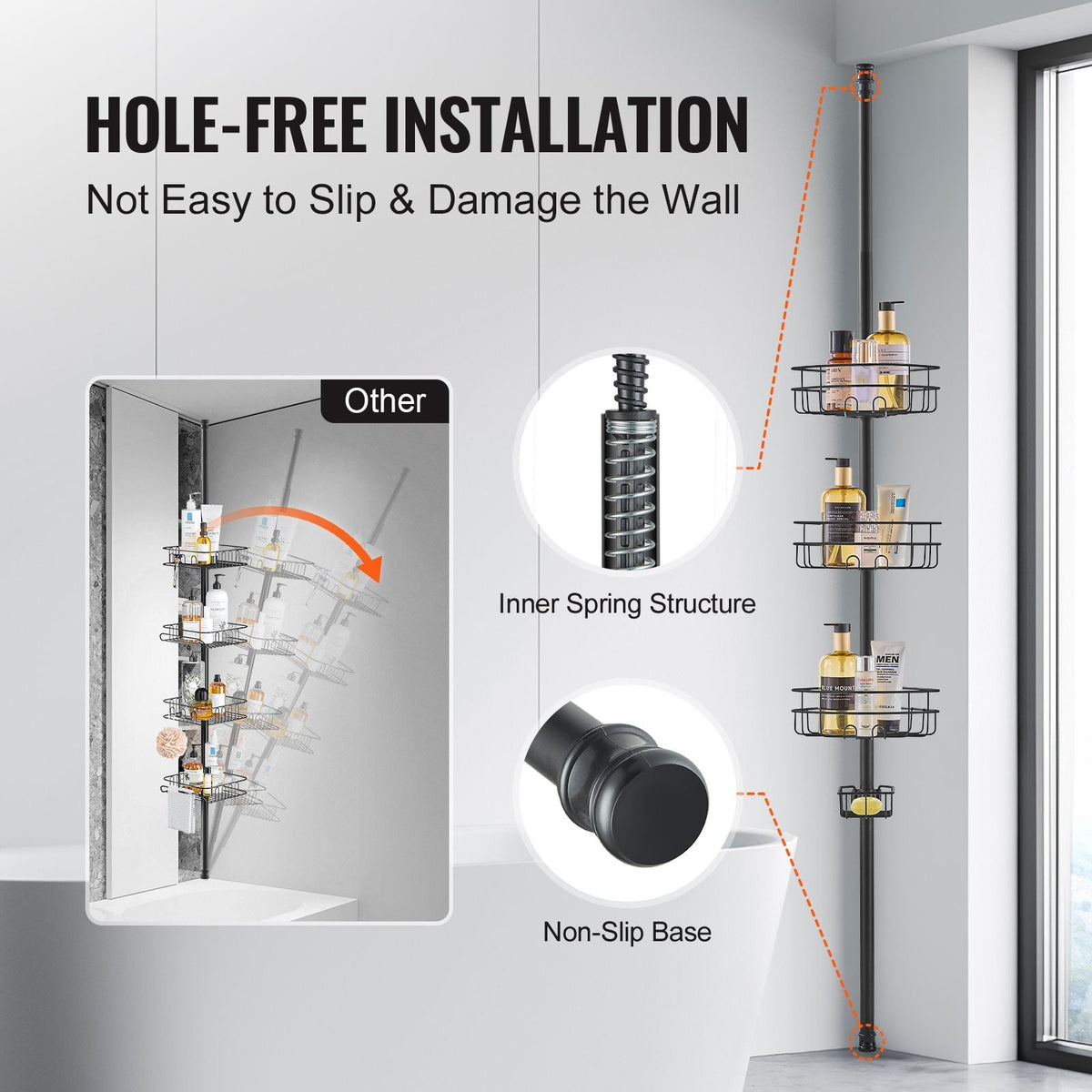 Shower Corner Caddy Tension Pole, 39" to 125" High, Multi-Functional Shower Tension Pole with Strong Load-Bearing Tray, Rust-Proof Easy-to-Install Tension Pole, Fit for Bathroom & Washroom