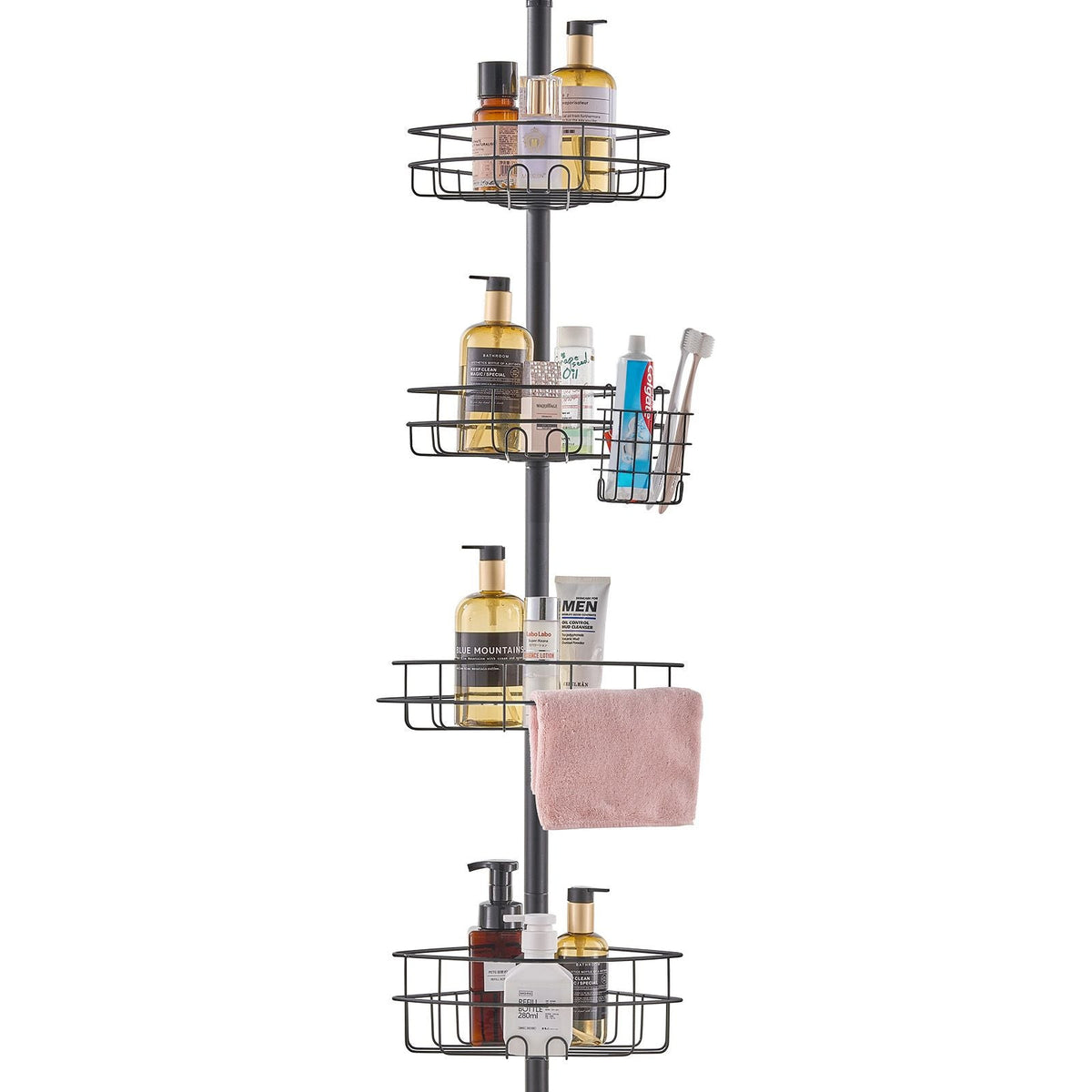 Shower Corner Caddy Tension Pole, 42" to 114" High, Multi-Functional Shower Tension Pole with Strong Load-Bearing Tray, Rust-Proof Easy-to-Install Tension Pole, Fit for Bathroom & Washroom