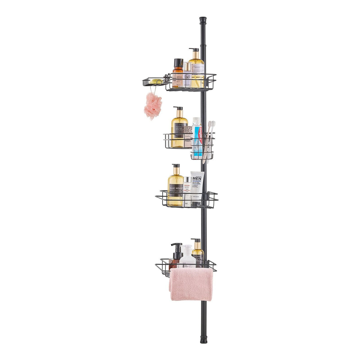 Shower Corner Caddy Tension Pole, 42" to 114" High, Multi-Functional Shower Tension Pole with Strong Load-Bearing Tray, Rust-Proof Easy-to-Install Tension Pole, Fit for Bathroom & Washroom