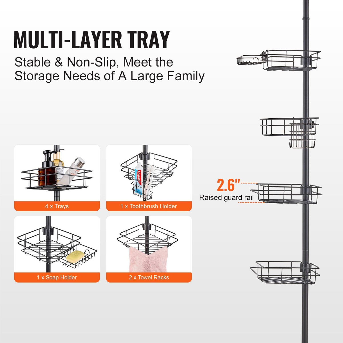 Shower Corner Caddy Tension Pole, 42" to 114" High, Multi-Functional Shower Tension Pole with Strong Load-Bearing Tray, Rust-Proof Easy-to-Install Tension Pole, Fit for Bathroom & Washroom