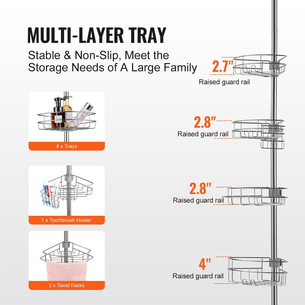 Shower Corner Caddy Tension Pole, 56" to 114" High, Multi-Functional Shower Tension Pole with Strong Load-Bearing Tray, Rust-Proof Easy-to-Install Tension Pole, Fit for Bathroom & Washroom