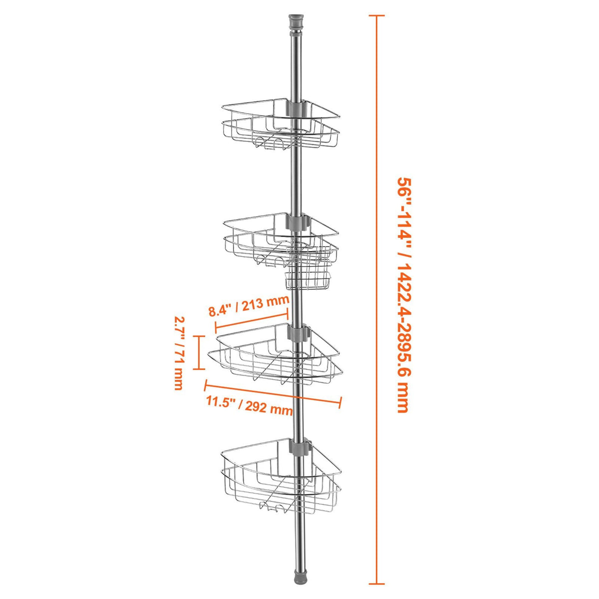 Shower Corner Caddy Tension Pole, 56" to 114" High, Multi-Functional Shower Tension Pole with Strong Load-Bearing Tray, Rust-Proof Easy-to-Install Tension Pole, Fit for Bathroom & Washroom
